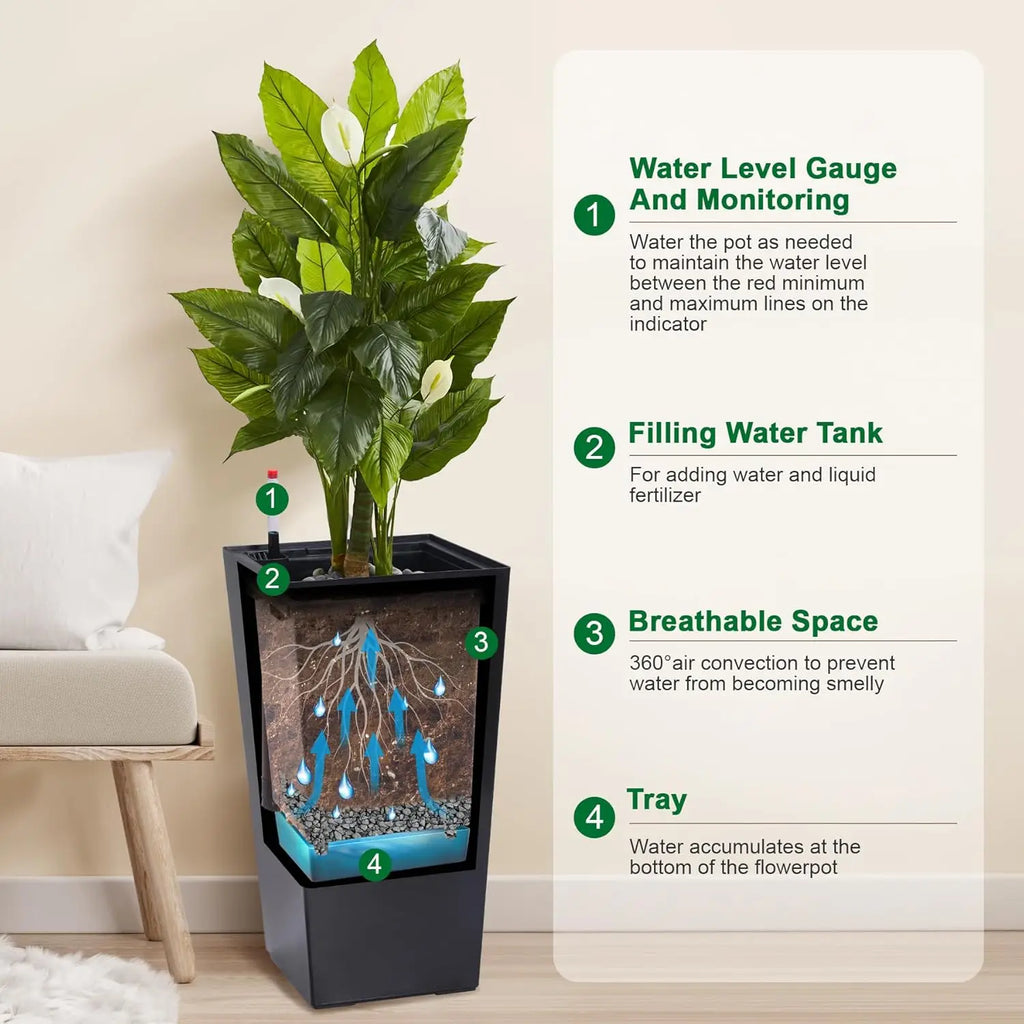 22-Inch Tall Black Taper Planter – Self-Absorbing Plastic Flower Pot with Shelf Insert (Set of 2)