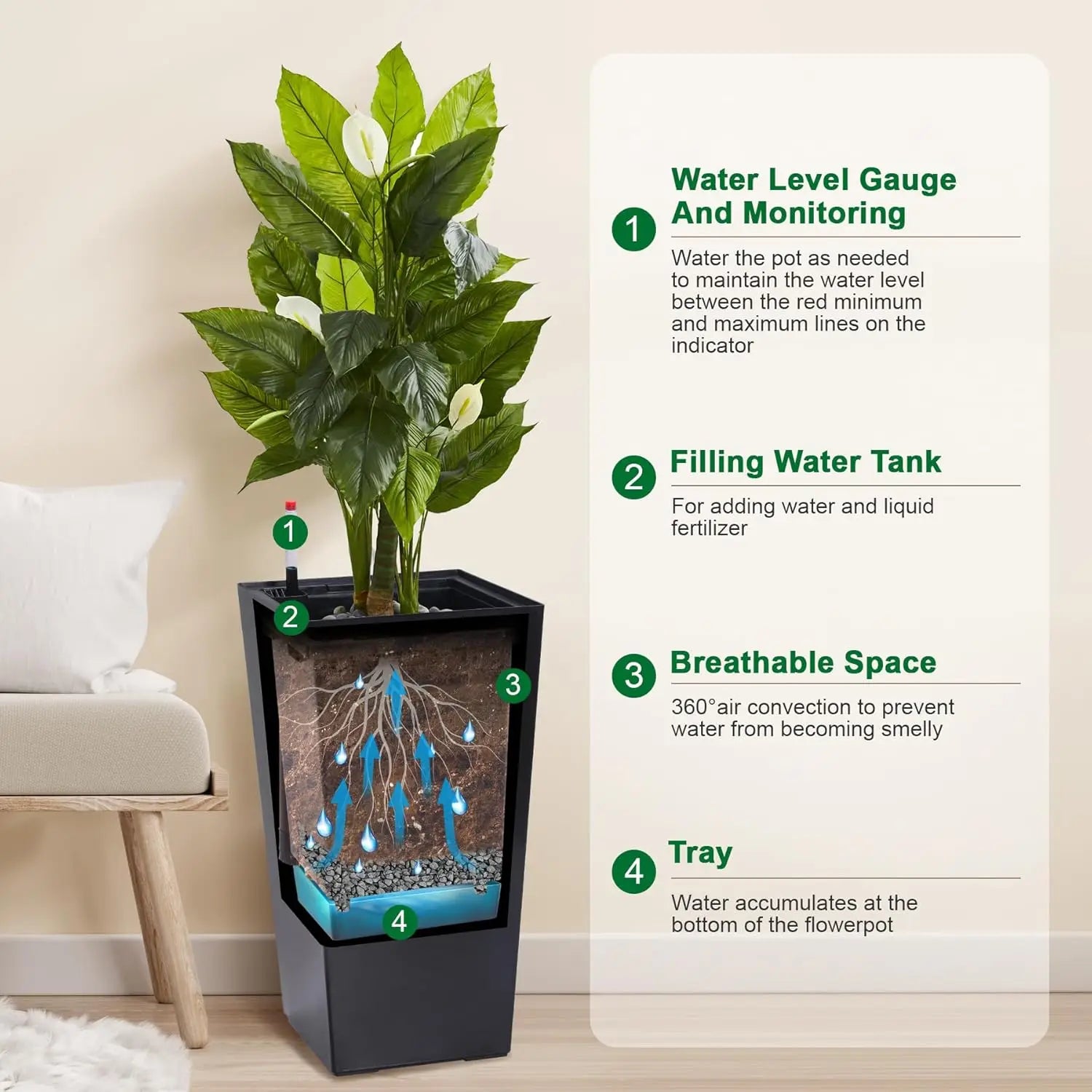 22-Inch Tall Black Taper Planter – Self-Absorbing Plastic Flower Pot with Shelf Insert (Set of 2)