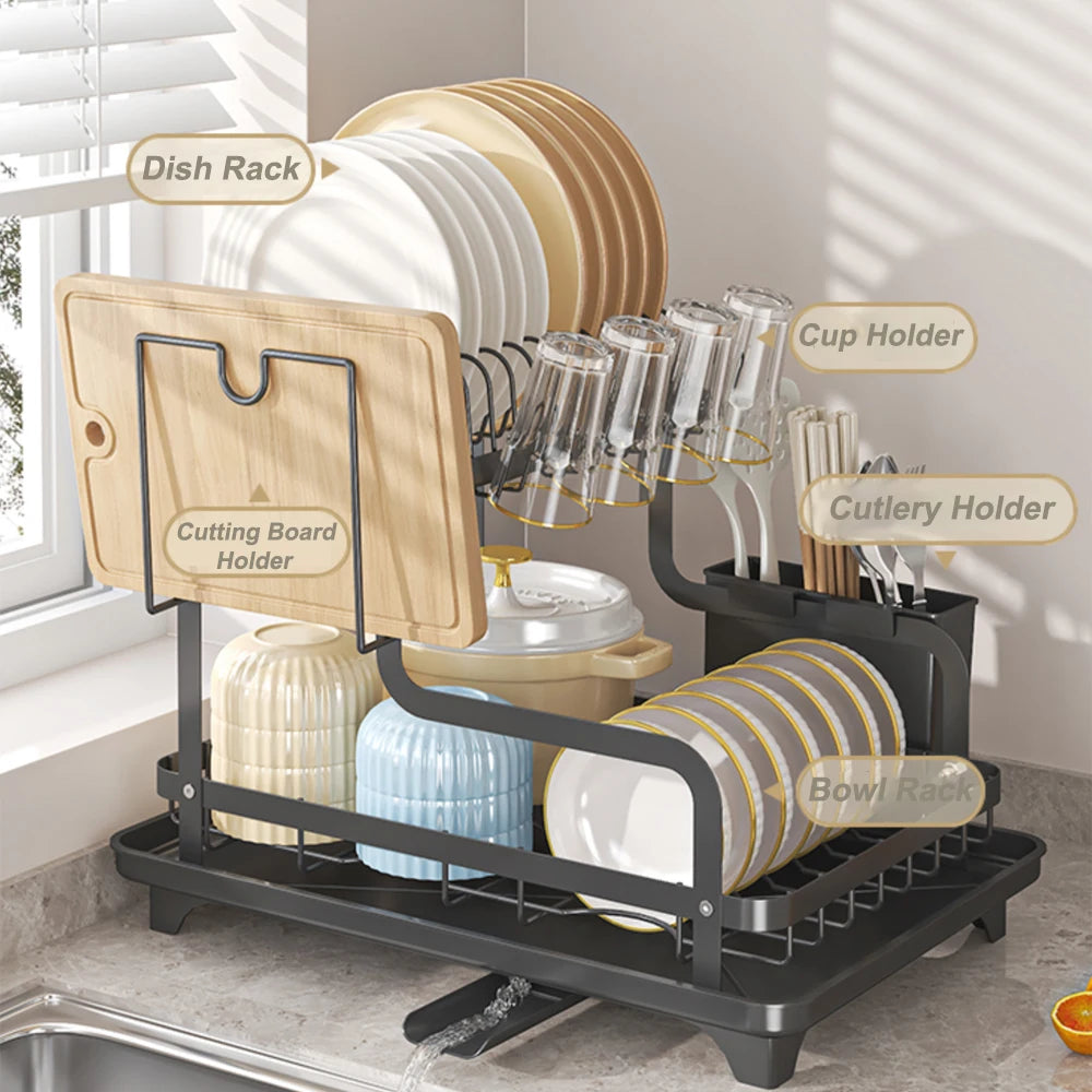 2-Tier Over-Sink Dish Drying Rack — Auto-Draining, No-Drill Install