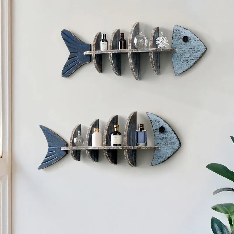 Nordic Wooden Fish Wall Shelf — Decorative Floating Bookshelf