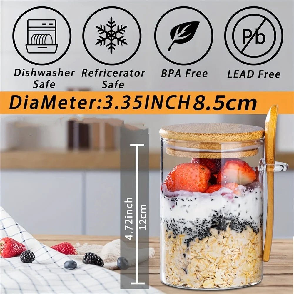 Overnight Oats Glass Jars with Spoon — Airtight, Freezer Safe, Set of 1–4