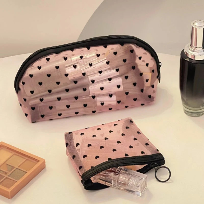 Transparent Mesh Makeup Bag — Heart Detail, Zipper Cosmetic Pouch, 12×8.5cm
