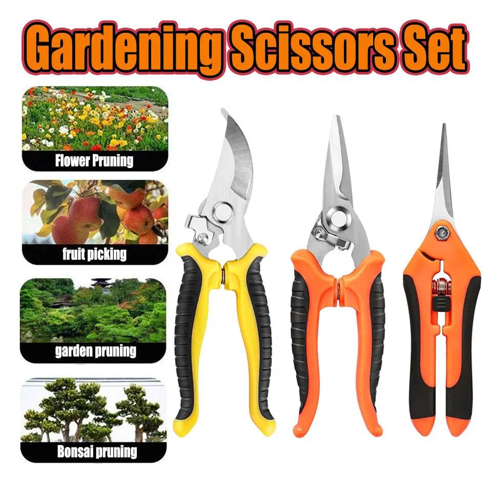 3-Piece Gardening Scissors Set – Ergonomic Non-Slip Pruning Shears with Safety Lock for Beginners