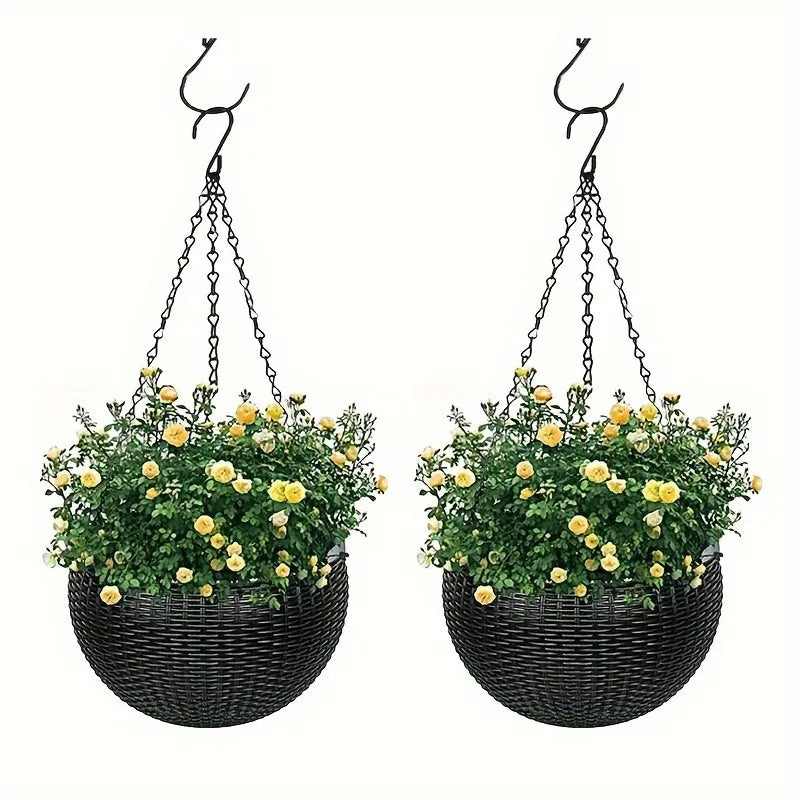Elegant Polypropylene Self-Watering Hanging Planters with Rattan Design - Easy Drain Plug for Efficient Watering