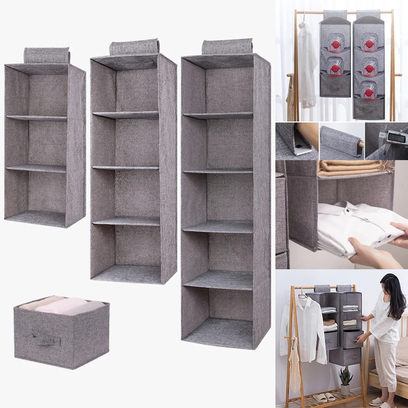 Cotton Linen Hanging Wardrobe Organizer with Drawers — Foldable Closet Shelves