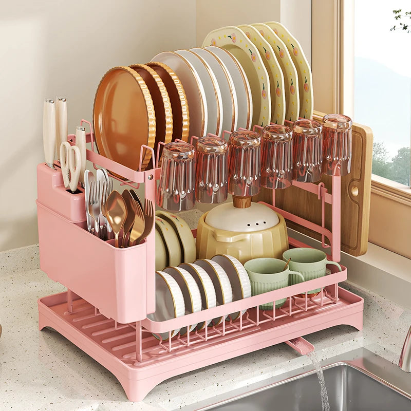 2-Tier Dish Drying Rack with Drainboard — Self-Draining, Rustproof