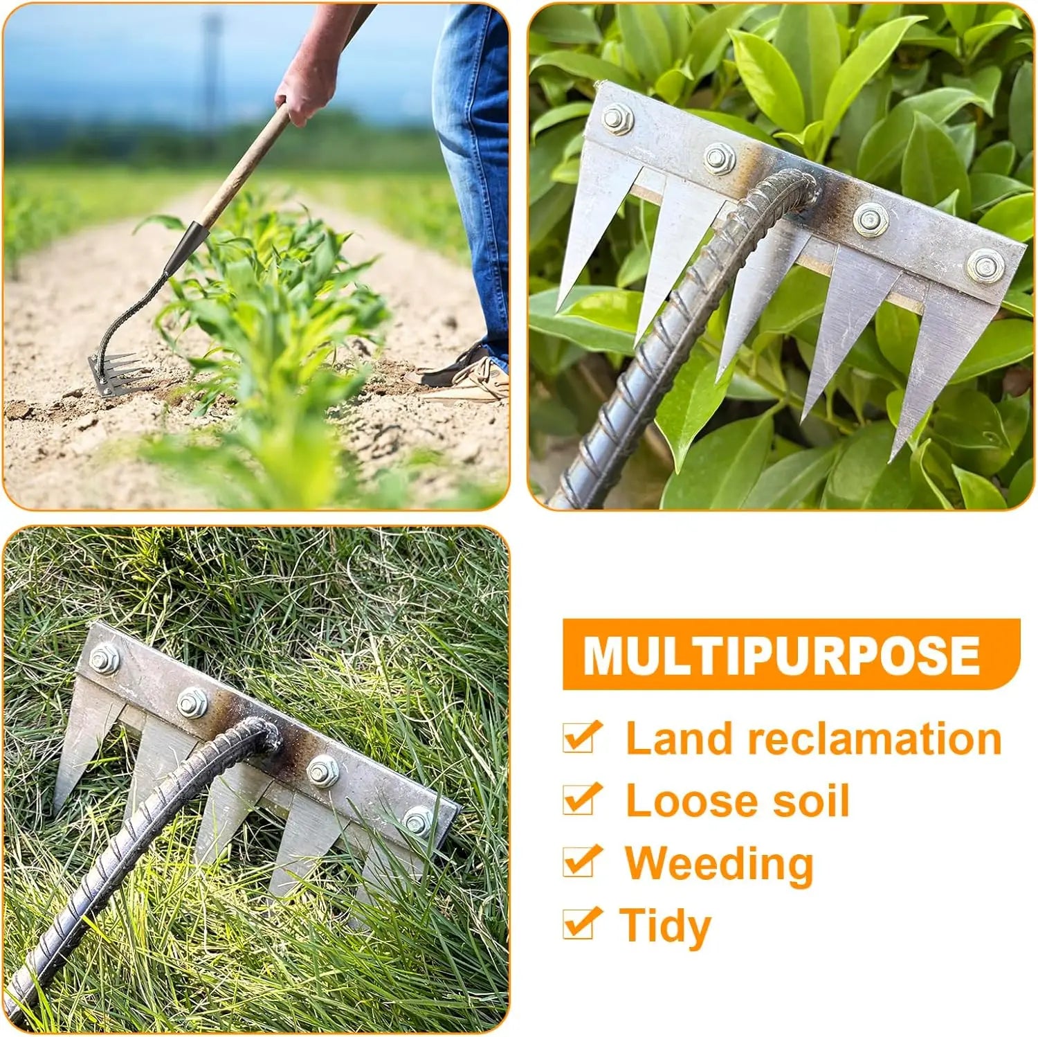 Iron Gardening Hoe Weeding Rake – Carbon Steel Soil Loosening & Weeding Tool (5/6/7/8 Teeth)