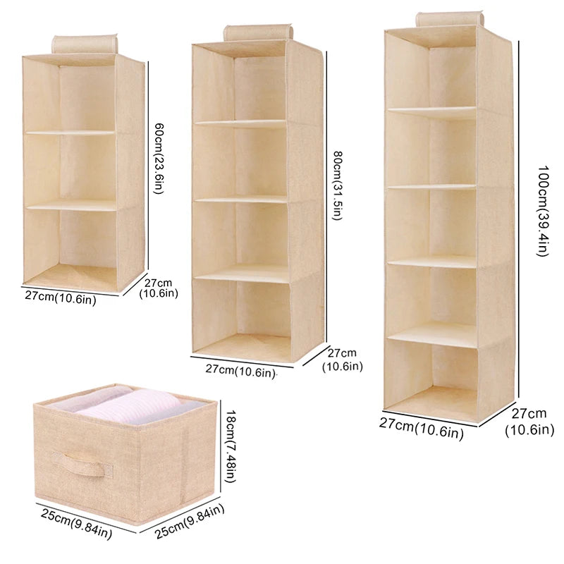 Cotton Linen Hanging Wardrobe Organizer with Drawers — Foldable Closet Shelves