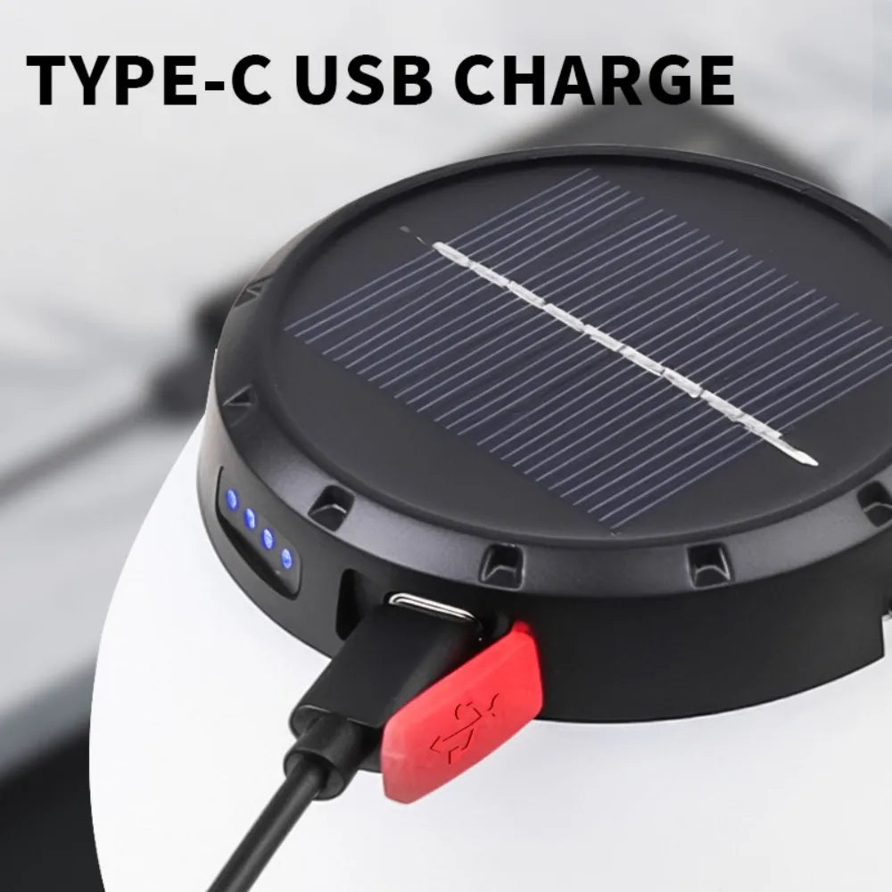 Solar LED Camping Lantern – IPX4 Waterproof Portable Emergency Light with 3 Modes & USB-C Charging