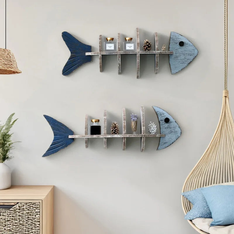 Nordic Wooden Fish Wall Shelf — Decorative Floating Bookshelf