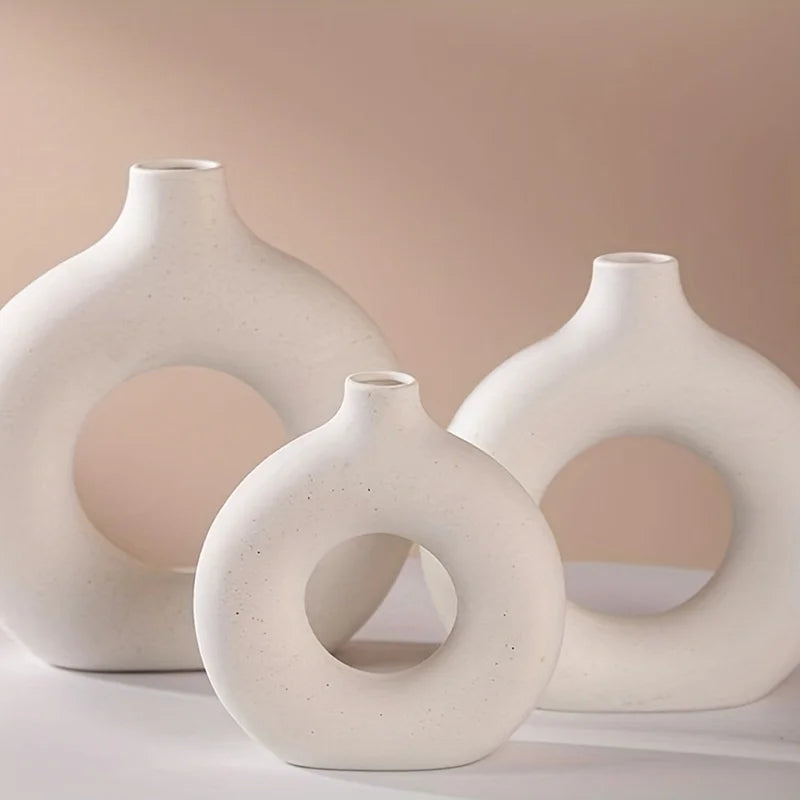 White & Beige Ceramic Donut Vase — Modern Boho Home Decor