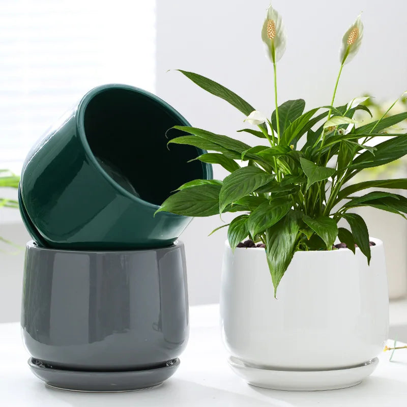 Large Nordic Ceramic Flowerpot with Tray – Glazed Balcony & Indoor Planter