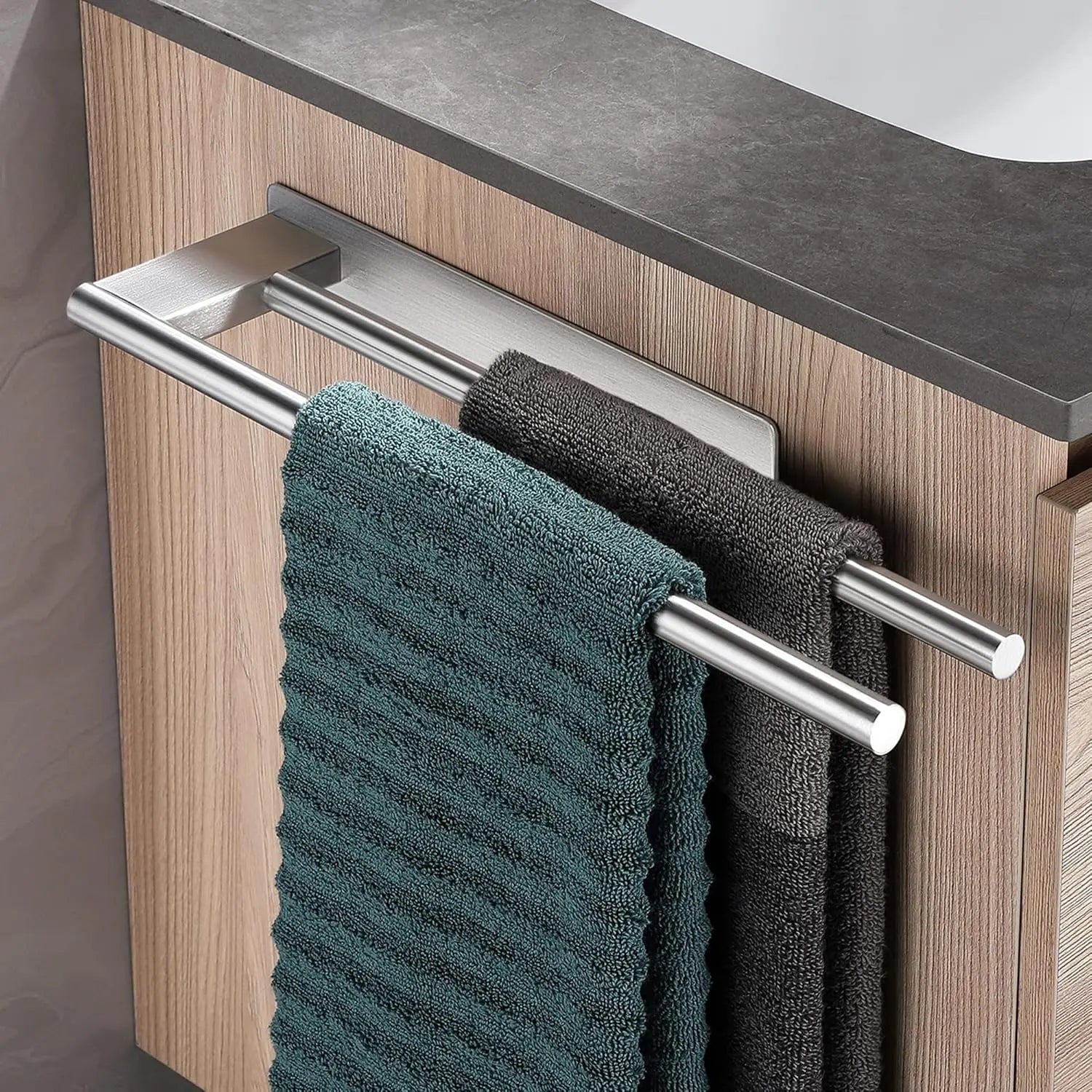 Matte Black Double Towel Bar — No-Drill Adhesive, Stainless Steel, Bathroom & Kitchen