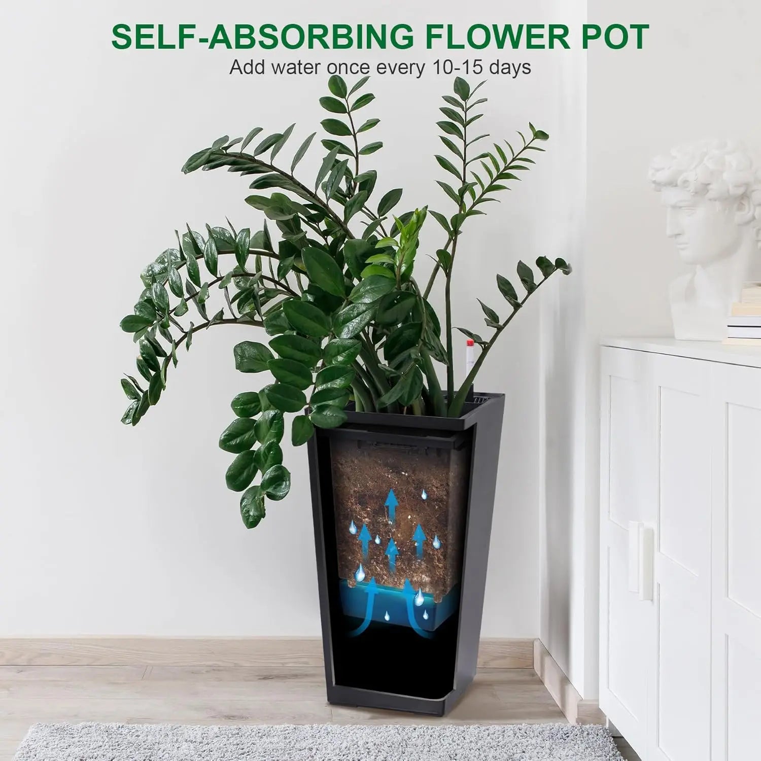 22-Inch Tall Black Taper Planter – Self-Absorbing Plastic Flower Pot with Shelf Insert (Set of 2)