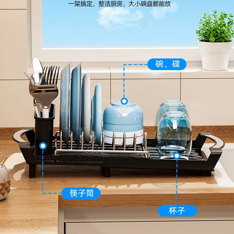 Expandable Small Dish Drainer Rack — with Removable Cutlery Holder