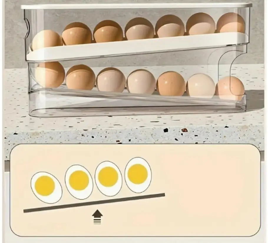 Slim Automatic Rolling Egg Storage Box — Double Layer, Fridge Door Fit