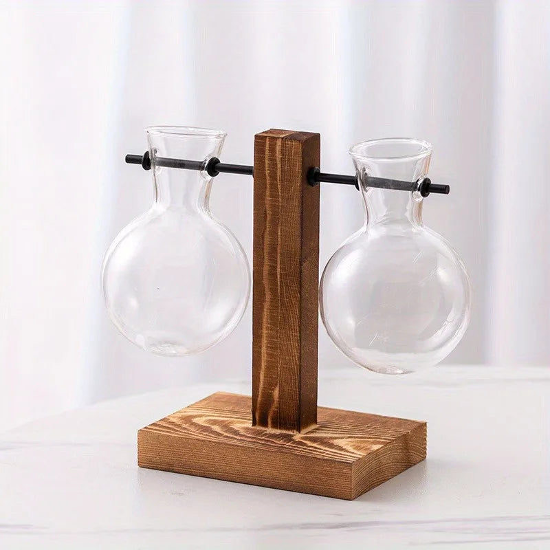 Vintage Bulb Glass Hydroponic Vase with Wooden Stand — Desktop Plant Terrarium