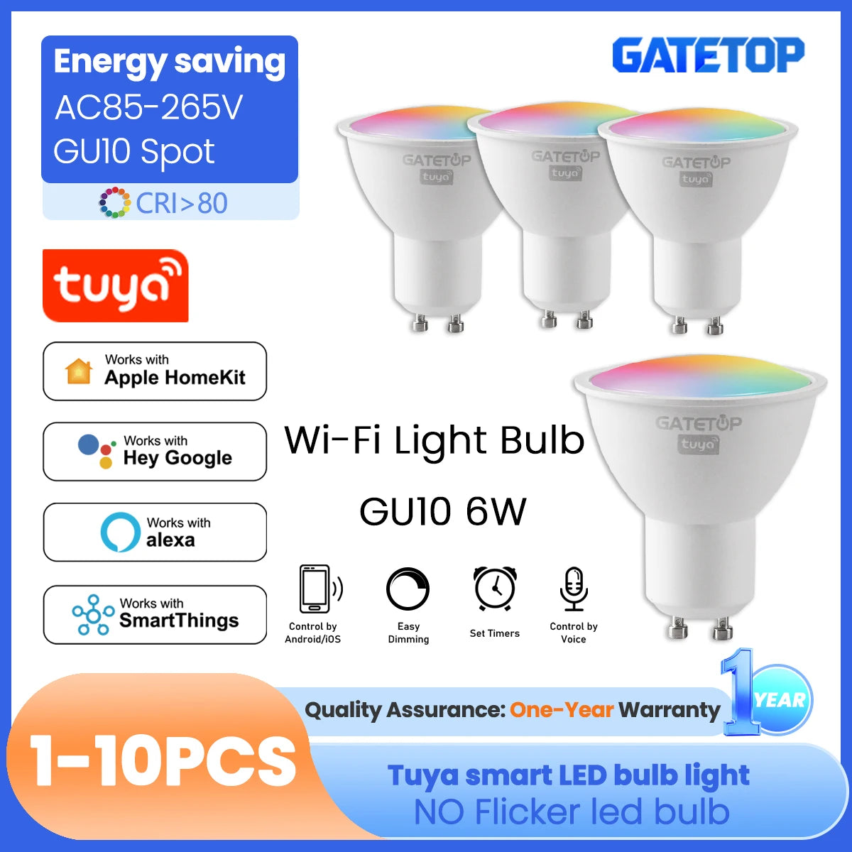Tuya WiFi GU10 Smart Spotlight — Dimmable, Alexa & Google Compatible