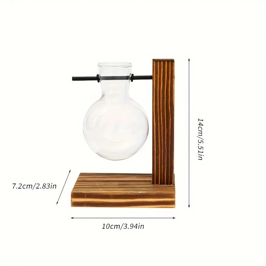 Vintage Bulb Glass Hydroponic Vase with Wooden Stand — Desktop Plant Terrarium