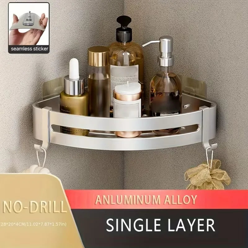 No-Drill Aluminum Corner Shower Shelf — Wall-Mounted Bathroom Organizer