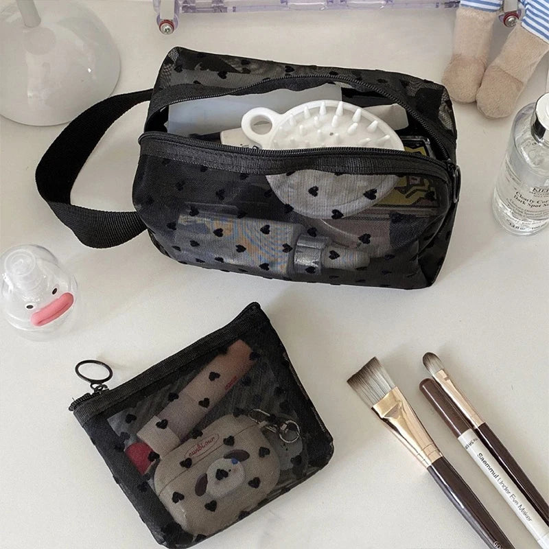 Transparent Mesh Makeup Bag — Heart Detail, Zipper Cosmetic Pouch, 12×8.5cm