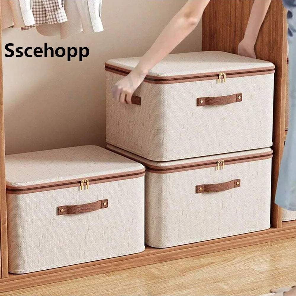 Zipped Cotton Linen Storage Box with Leather Handle