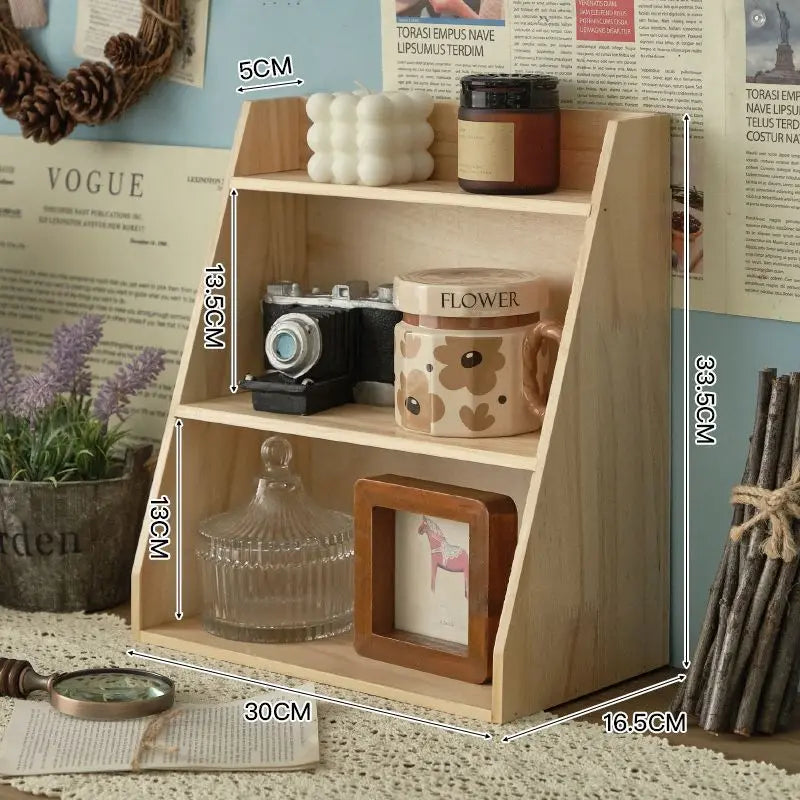Solid Wood Retro Desktop Organizer — Multi-Layer Storage Rack