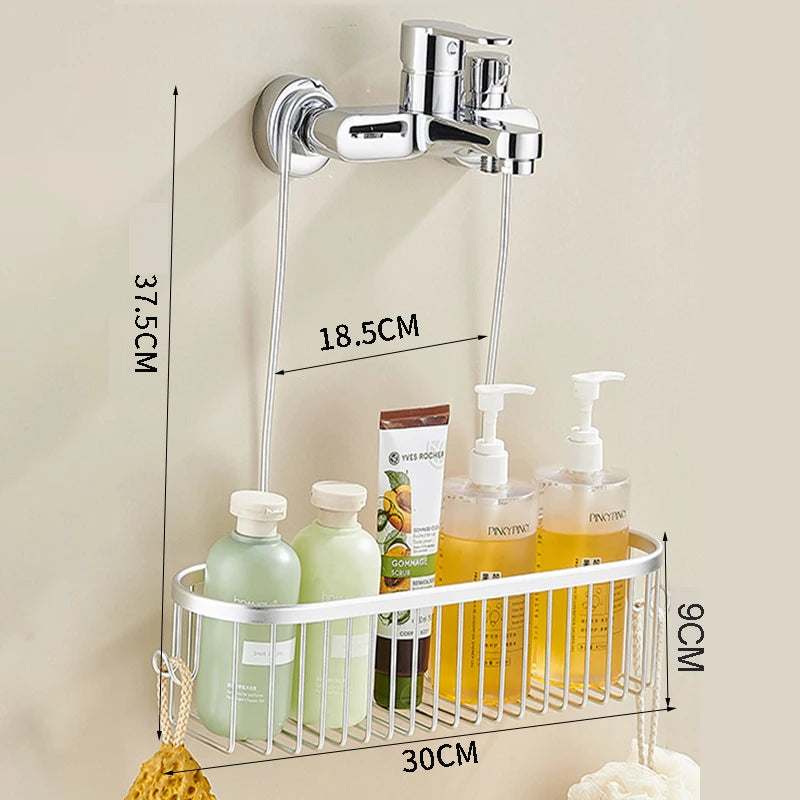 Hanging Shower Caddy with Hooks — No-Drill Aluminum Basket, 30×11.5×9cm