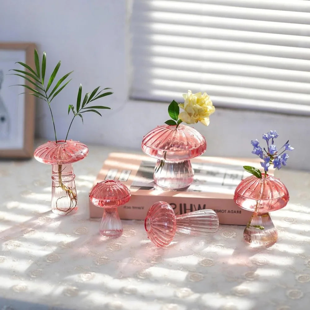 Colourful Mushroom Glass Vase — Set of 5 Hydroponic Flower Pots