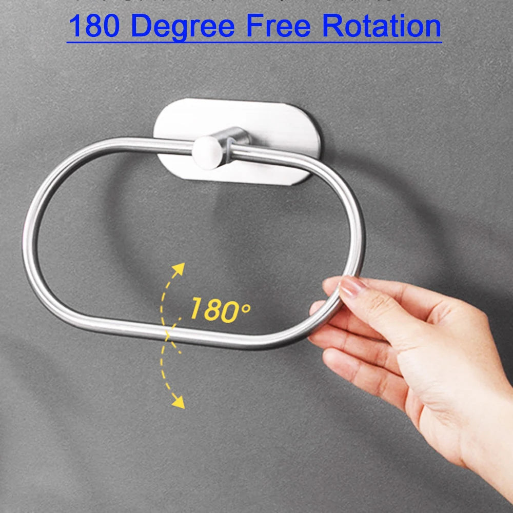304 Stainless Steel Towel Ring — No-Drill, 180° Rotatable, 20×13cm