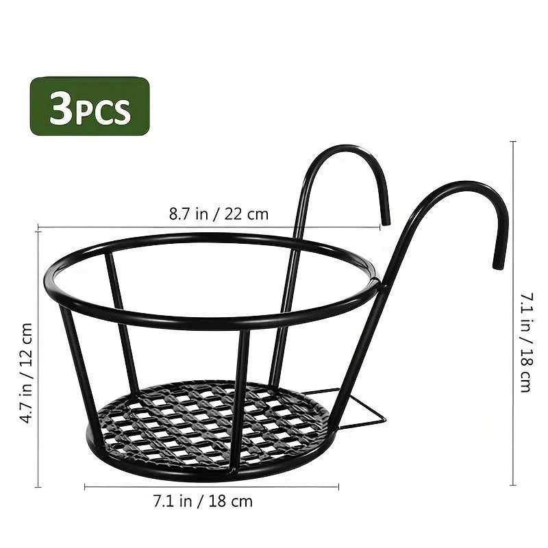 Iron Art Hanging Flower Pot with Hook – Metal Balcony Basket Planter (1/2/3 Pack)