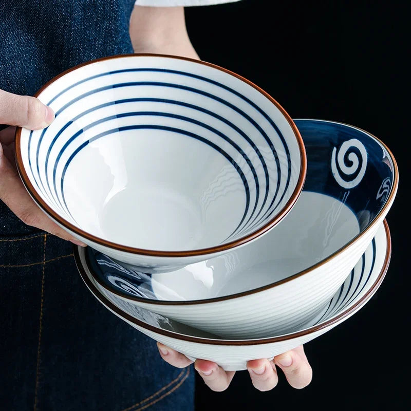 Japanese Ramen Bowl — Ceramic, Blue, Microwave Safe
