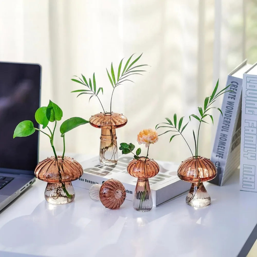 Colourful Mushroom Glass Vase — Set of 5 Hydroponic Flower Pots
