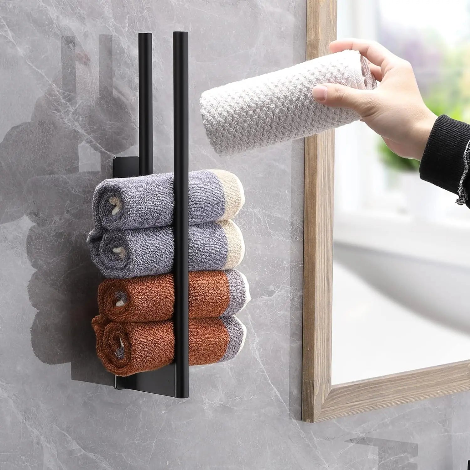 Matte Black Double Towel Bar — No-Drill Adhesive, Stainless Steel, Bathroom & Kitchen