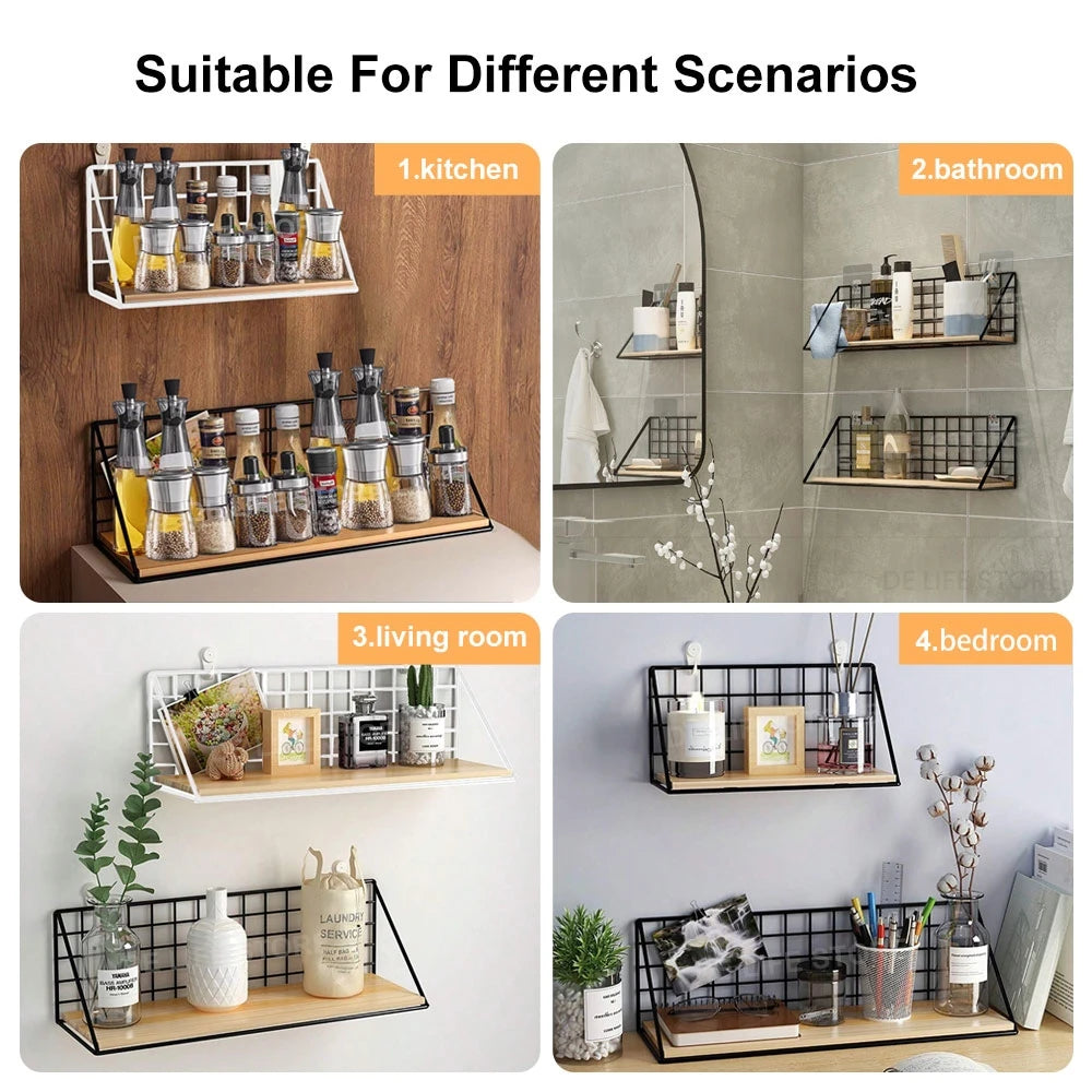 Metal & Wood Wall Spice Shelf — Kitchen Organizer, Modern Design