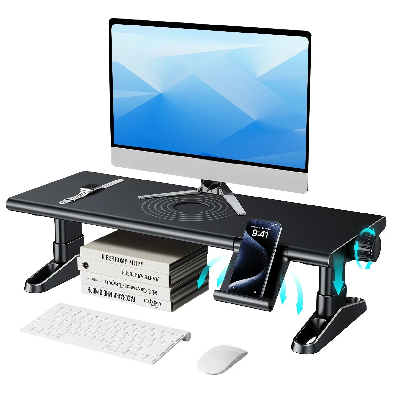 Height-Adjustable Monitor Stand Riser with USB Hub & Phone Holder