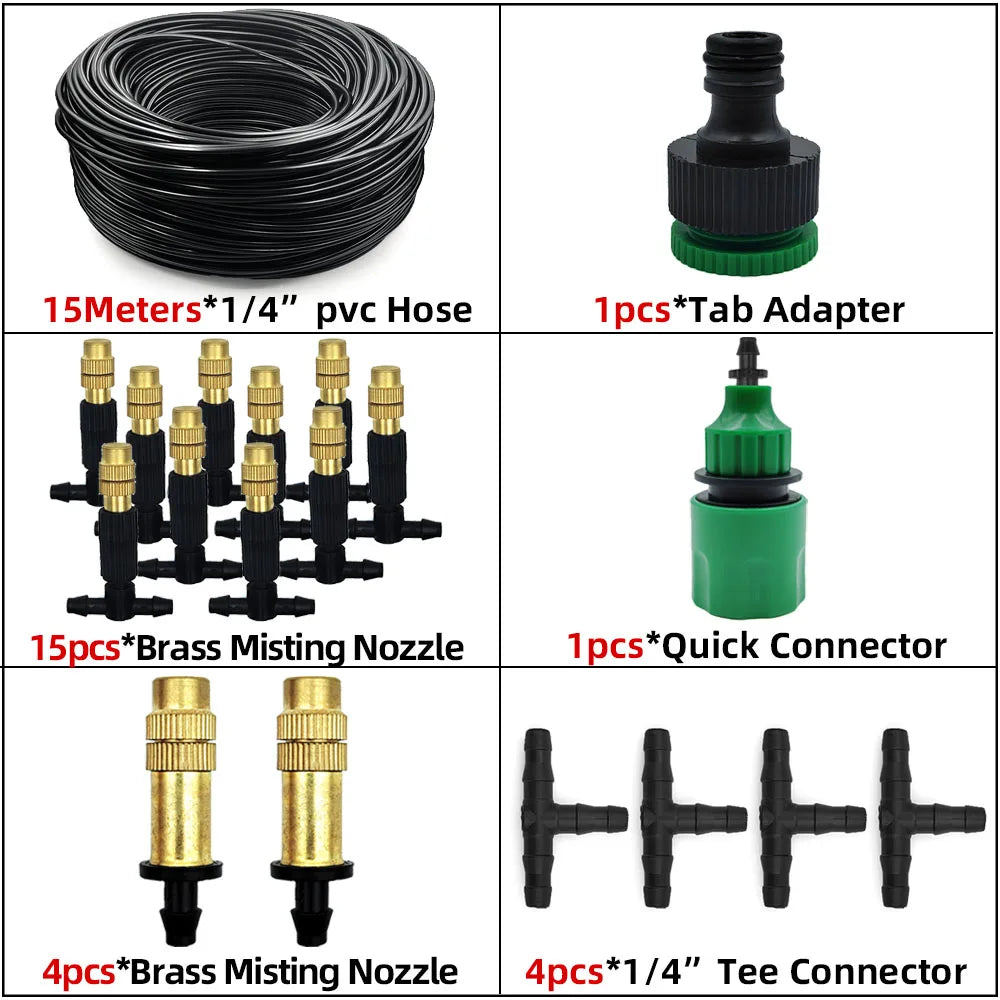 Outdoor Misting Cooling System – Brass Atomizer Nozzles & 4/7mm Hose for Patio & Greenhouse (5–30 m)