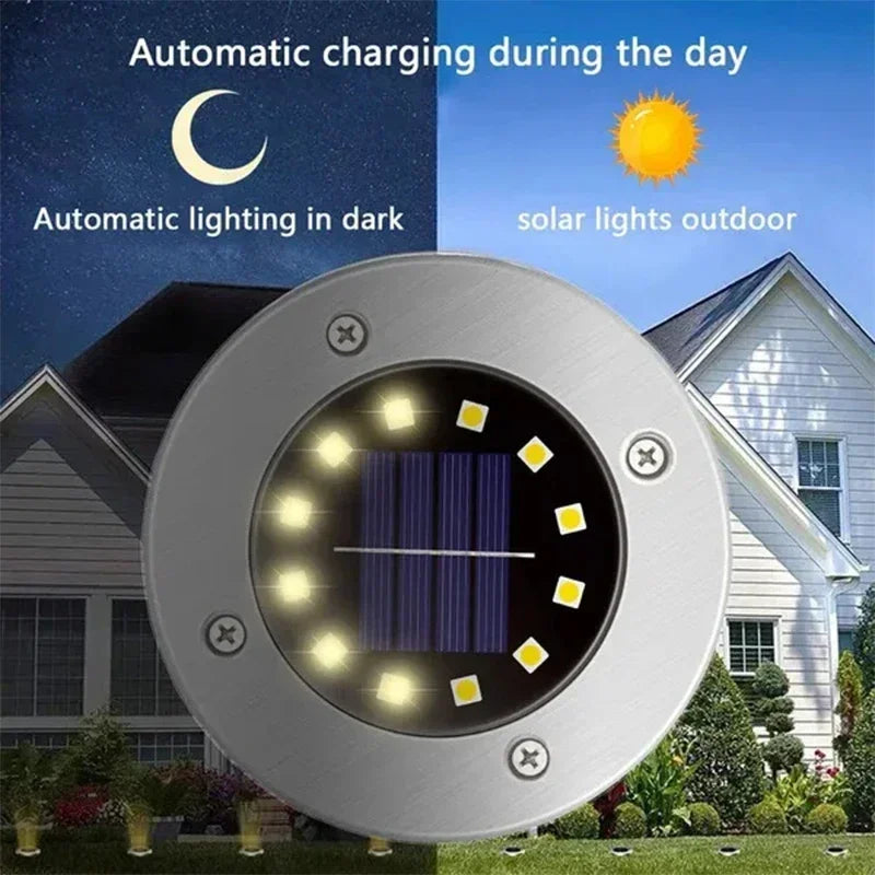 Solar Ground Disk Lights — Waterproof, Auto On/Off, Garden & Lawn