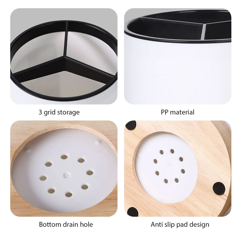 Rotatable Cutlery & Utensil Holder — Detachable, 3-Section, with Drain