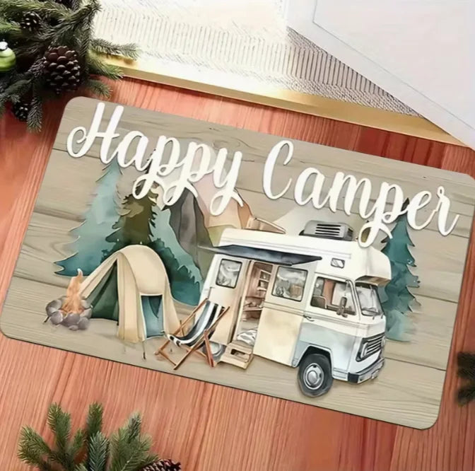 Happy Camping Door Mat – Anti-Slip Polyester Rug 30–50cm Indoor & Outdoor