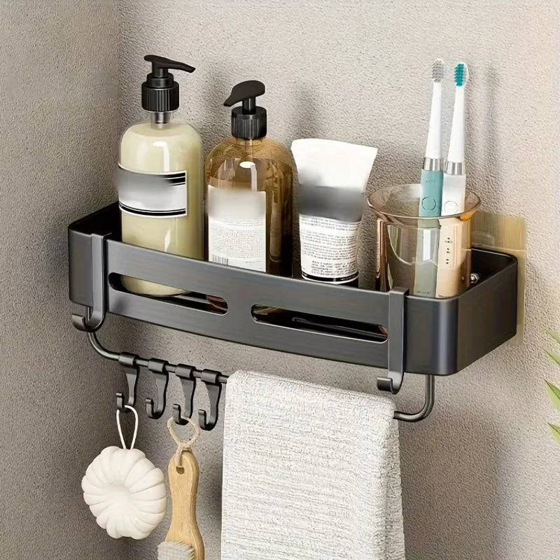 No-Drill Aluminum Corner Shower Shelf — Wall-Mounted Bathroom Organizer