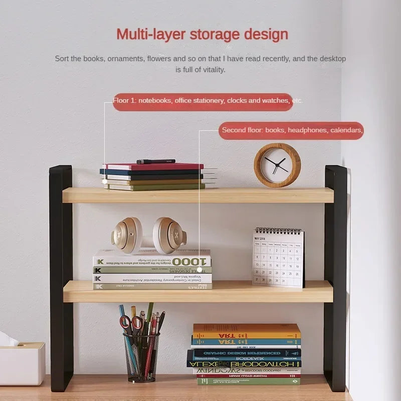 Steel & Wood Tiered Desktop Bookshelf — Desk Organizer Shelf