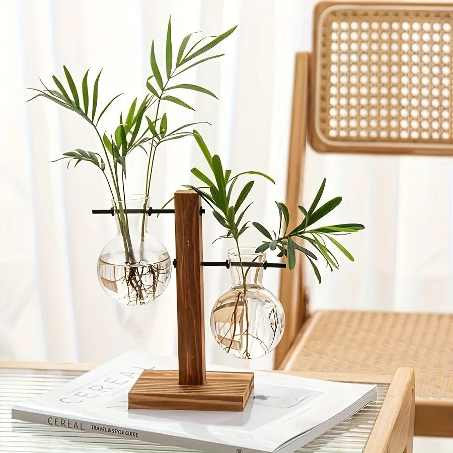 Vintage Bulb Glass Hydroponic Vase with Wooden Stand — Desktop Plant Terrarium