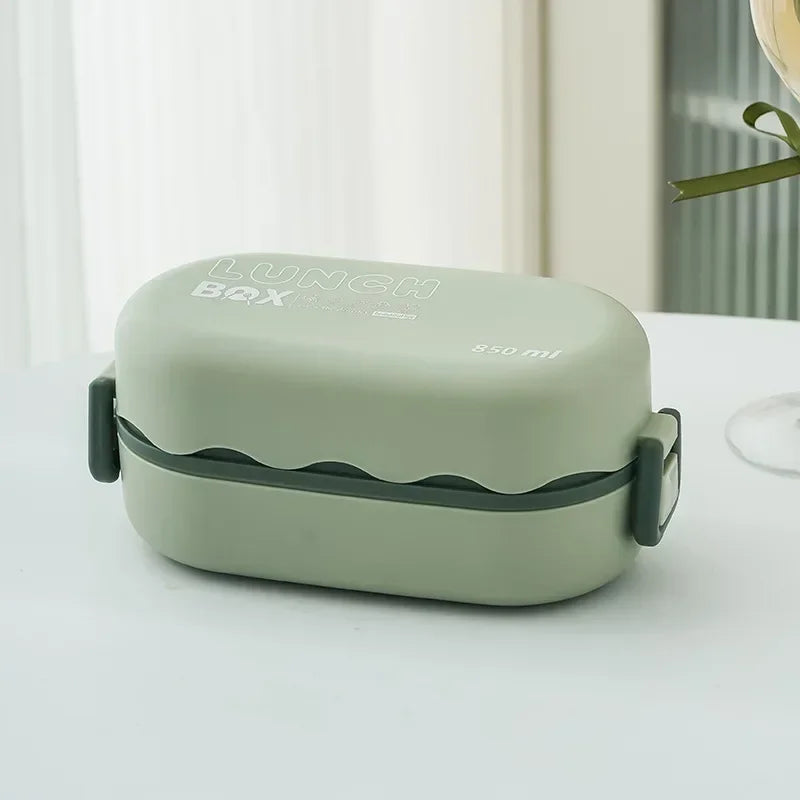 Double-Layer Compartment Lunch Box with Spoon — Leakproof, Microwavable