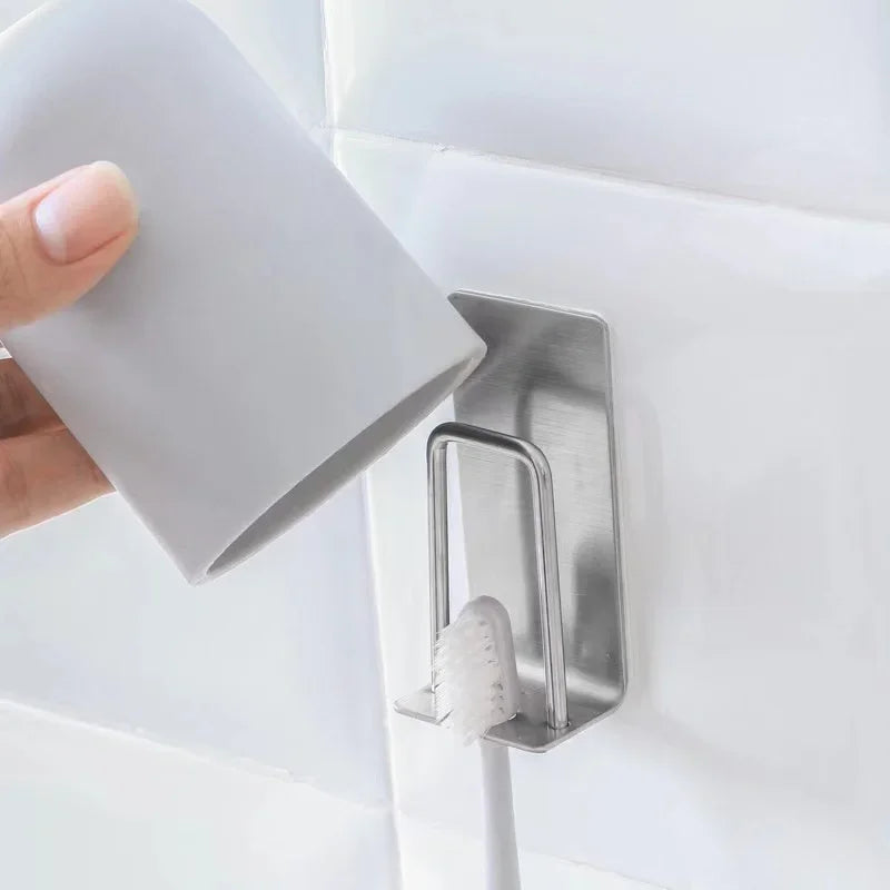 2-in-1 Stainless Steel Toothbrush & Cup Holder — No-Drill Wall Mount, 7.9×4cm