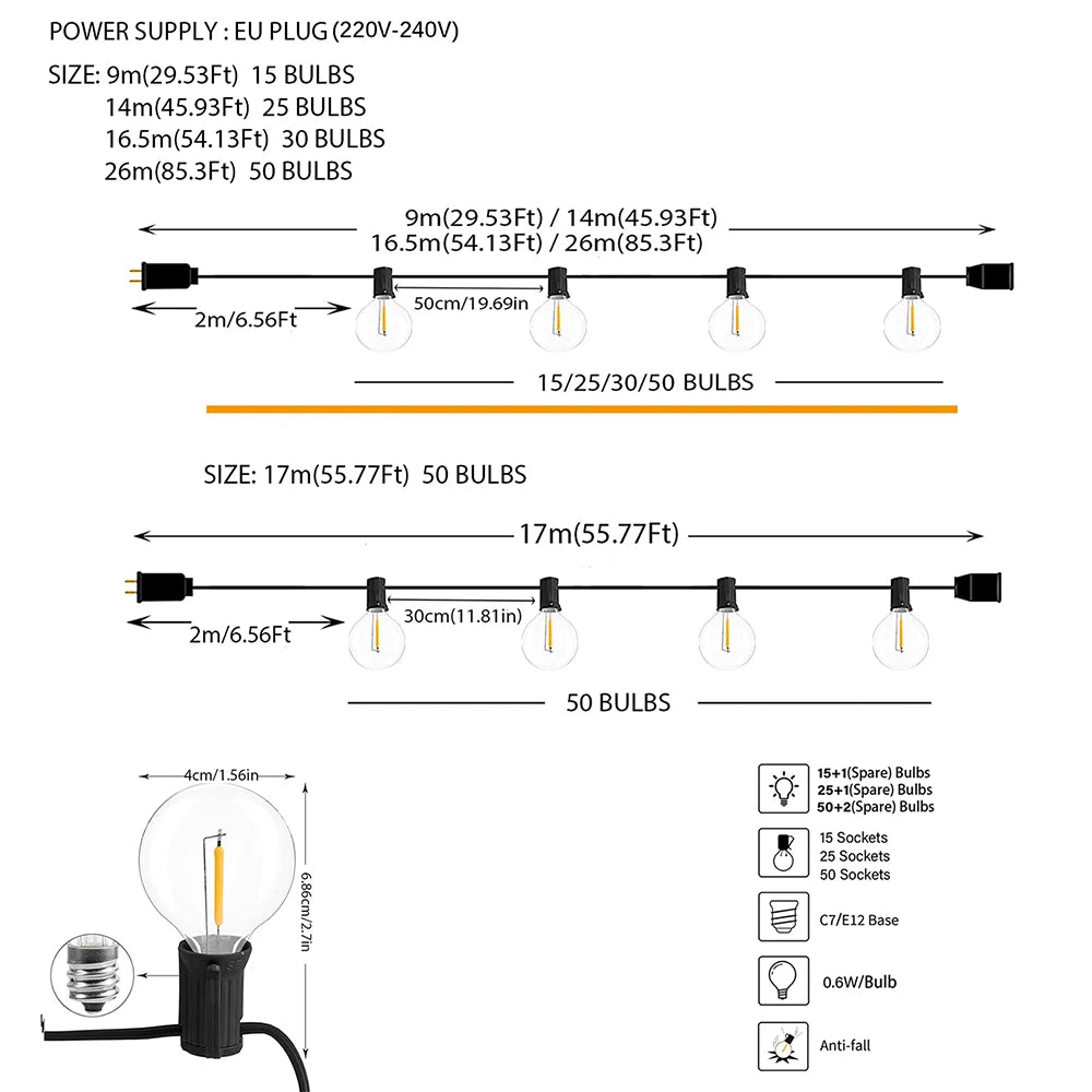 G40 Globe Festoon Outdoor String Lights — Warm White, Dimmable