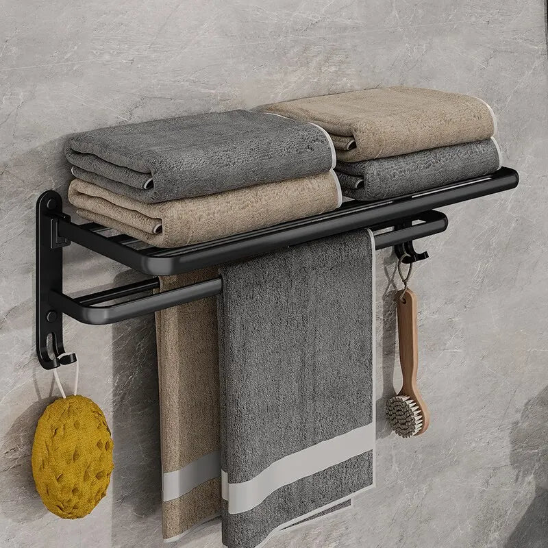 Matte Black Folding Towel Rack with Hook — Double Bar, Space Aluminum, 49×21cm