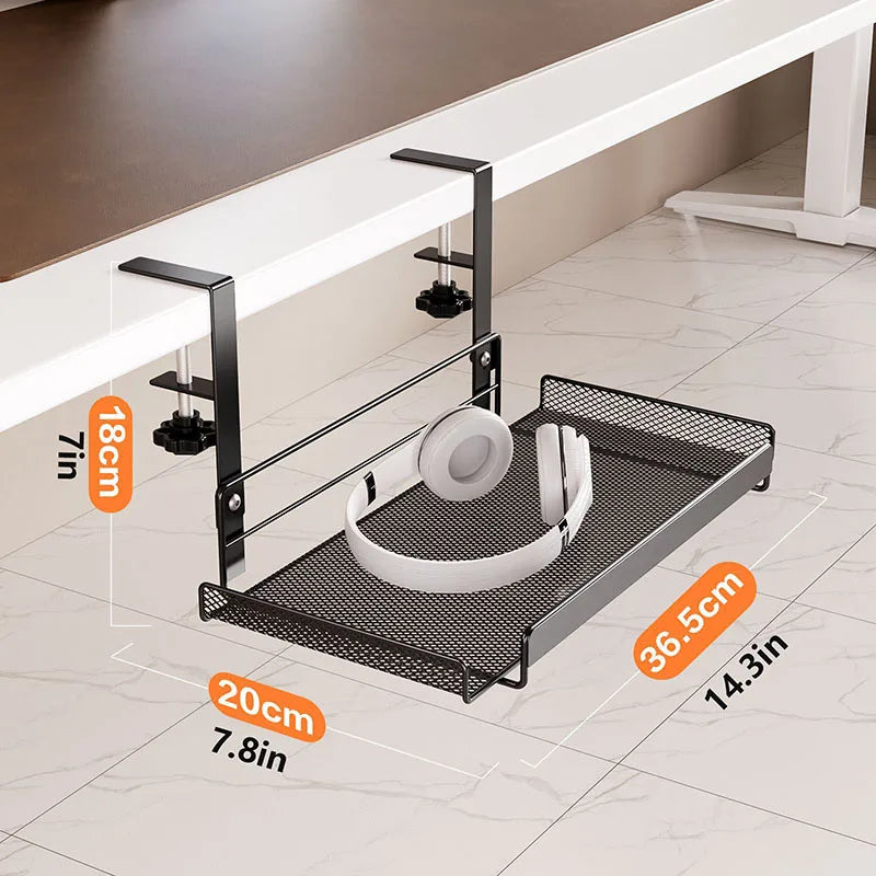 Under-Desk Carbon Steel Cable Management Rack — No-Drill Hook Mount