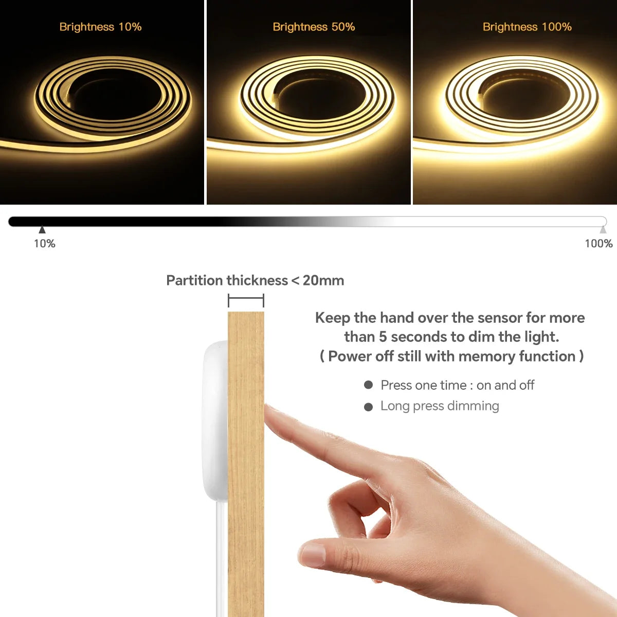 COB Neon Silicone LED Strip Light — Touch & Gesture Control, Dimmable
