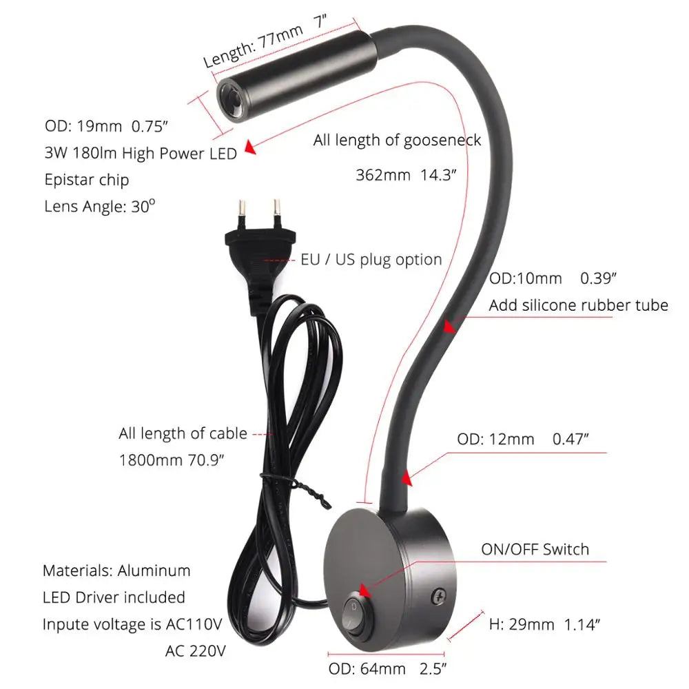 3W LED Reading Wall Lamp — Flexible, Plug-In, Black, Silver or White
